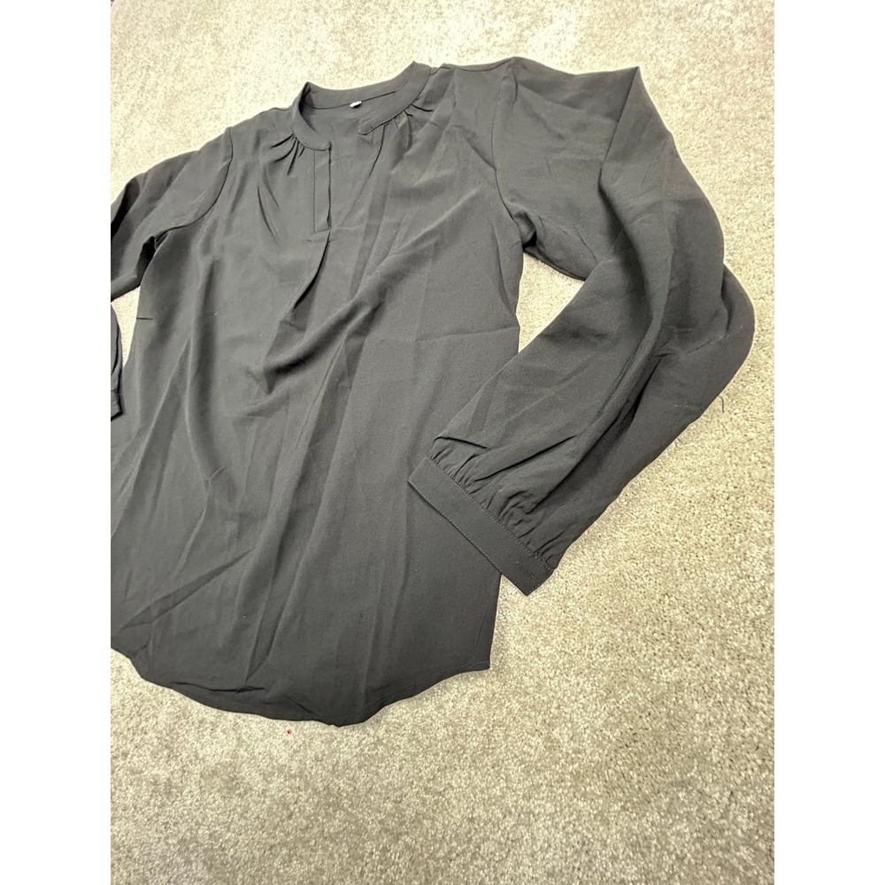 Women's Black M Blouse Top Long Sleeve V-Neck Polyester Gathered Cuffs